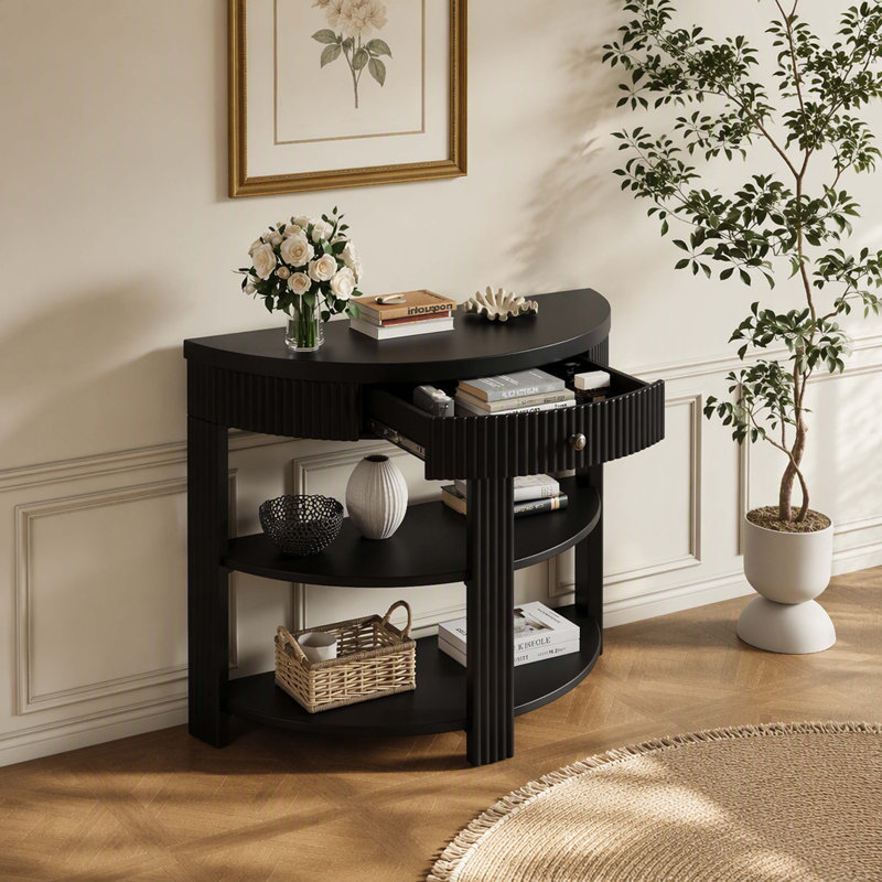 Console demi-lune noire cannelée avec tiroir et 2 étagères de rangement ouvertes, table d'appoint décorative pour entrée, couloir, salon