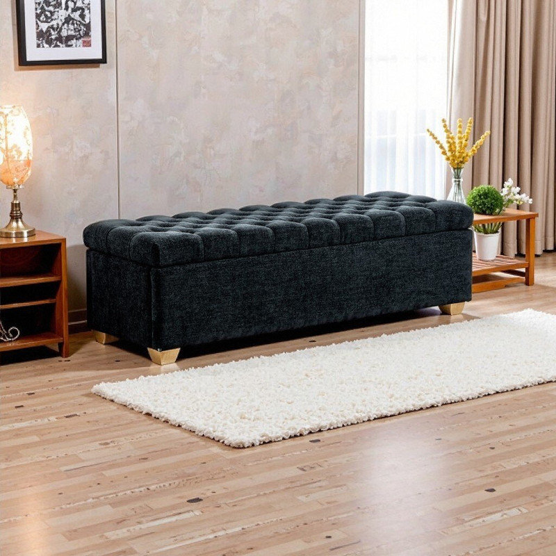 Banc de rangement en chenille, repose-pieds capitonné avec pieds en bois massif, Noir
