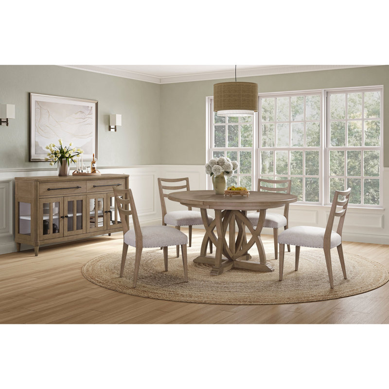 Sand Colored Dining Table With Expandable Capacity, 71.5" Leaf, 53.5" Without Veneers, Solid Wood + , Pedestal Round For Dining, Finish, Base Function