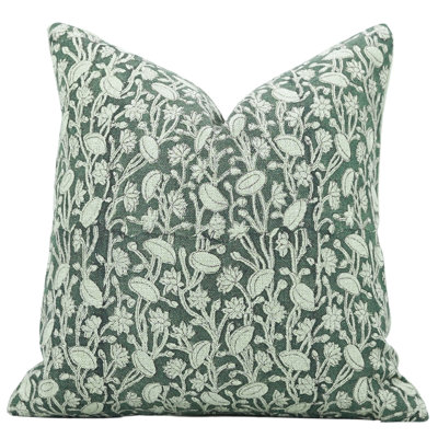 Natural Linen Block Print Pillow Cover Green Boho Decorative Throw Cushion, Zippered Size- 14X14 Inch