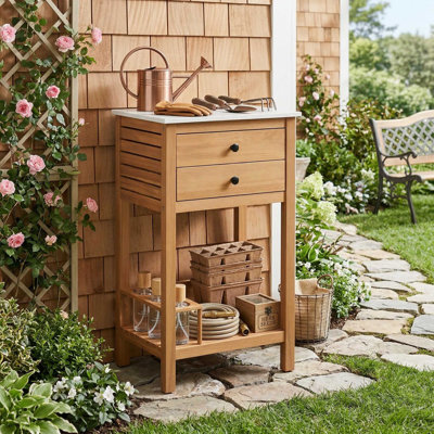 Weather Resistant Rot Proof Natural Acacia Wood Patio Storage Buffet Cabinet Bar Table With Elegant Faux Marble Countertop For Backyard Deck Porch Outdoor Dining Entertaining Use
