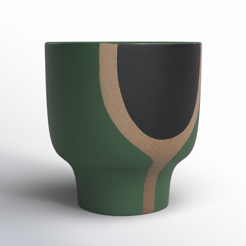 Boho 10" Emerald Ceramic Planter in Mushroom Shape, Green/Beige/Black