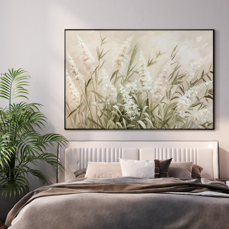 Très grand art mural imprimé sur toile - Herbes neutres et fleurs blanches, décoration pour le salon ou la chambre à coucher - «Assemblage requis du cadre (cadre non fini)»