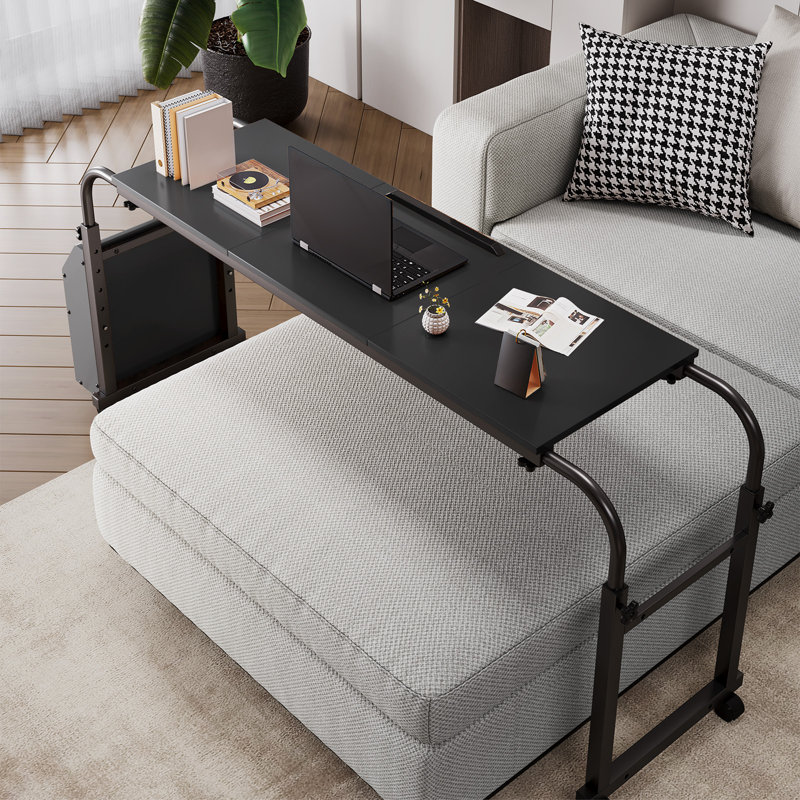 Overbed Table, Adjustable Metal Base Computer Desk with Wheels, 0-65°Tilt Stand, 4 Heights and 6 Lengthes, Side Storage Basket