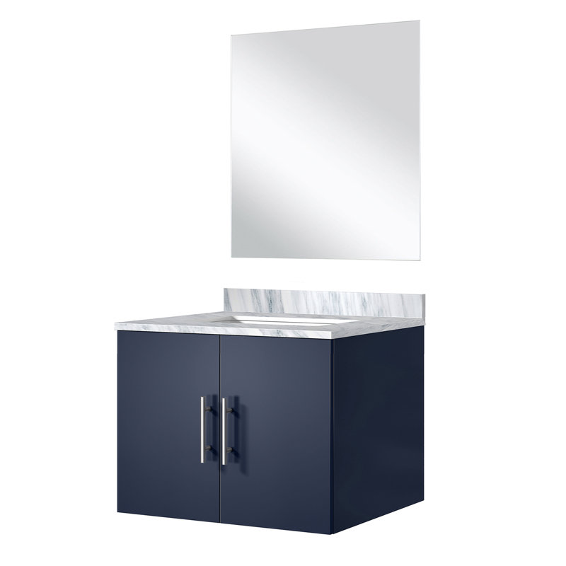 24 po W Bleu marine, comptoir en marbre, 18 miroirs, meuble-lavabo à finition grattée avec plateau et fermeture en douceur, style sophistiqué