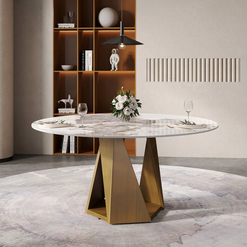 Table de salle à manger 59,05 po ronde, marbre artificiel, bronze, fer, base en métal, 6 à 8 personnes, Blanc, Bronze