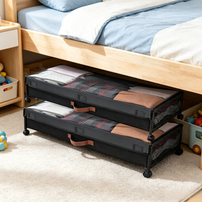 Ensemble de 2 contenants roulants noirs sous le lit avec roulettes, organisateur de tiroir sous le lit à profil bas avec fenêtre en filet et poignées en cuir pour le rangement de vêtements, de couvertures, de chaussures et de literie