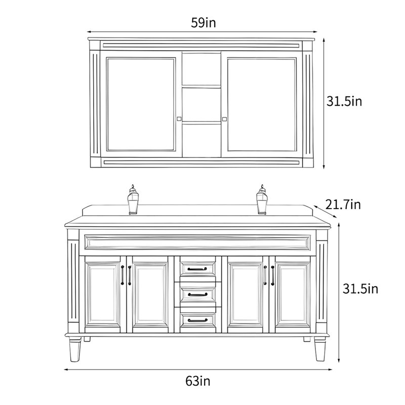 American retro floor-standing bathroom Vanity, 31.5" H x 63" W x 21.7" D
