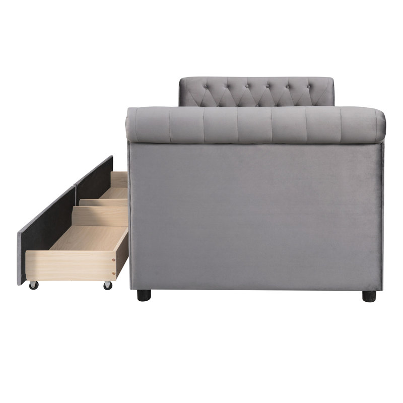 Lit de jour simple gris avec tiroirs de rangement efficaces et sommier à lattes en bois massif., Gris
