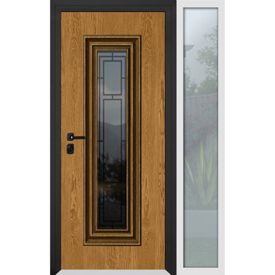 Front Exterior Prehung Steel Door / Ballucio 6644 Natural Oak / Side Exterior Window Sidelite / Entry Metal Modern Painted W36+16" x H80" Right hand Inswing