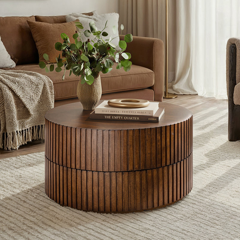 Jadida Gabriela Modern 27.8"W Fully Assembled Swivel-Top Fluted Round Coffee Table With Dual Rotating Surfaces, Walnut