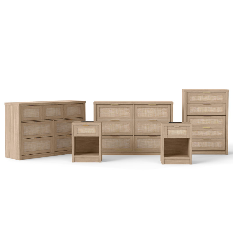 Rattan Dresser & Nightstand Set, Light Oak