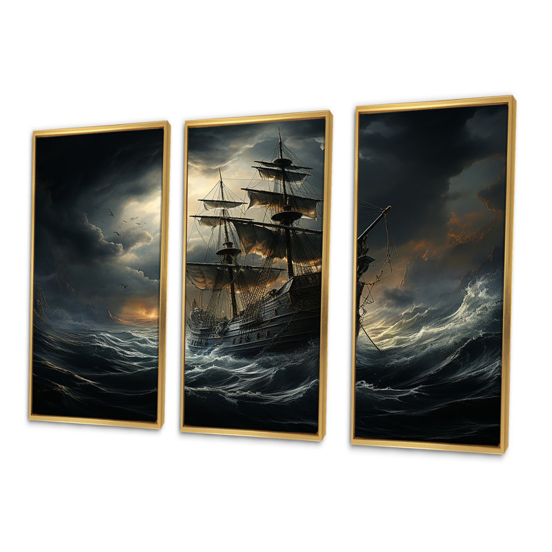 «Pirate Ship At Stormy Seas», ensemble d'art sur toile, Cadre flottant doré, H 28 po x l 36 po x P 1 po