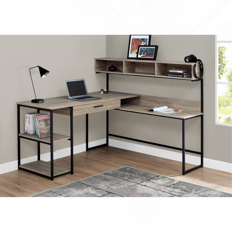 Bureau d'ordinateur, bureau personnel, coin, tiroirs de rangement, forme en L, travail, ordinateur portable, stratifié, métal gris, contemporain