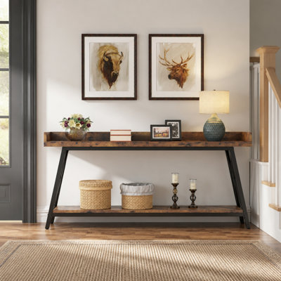 70.9″ Industrial Console Table with 2-Tier Storage, Narrow Rustic Brown Sofa Table Behind Couch for Living Room and Hallway