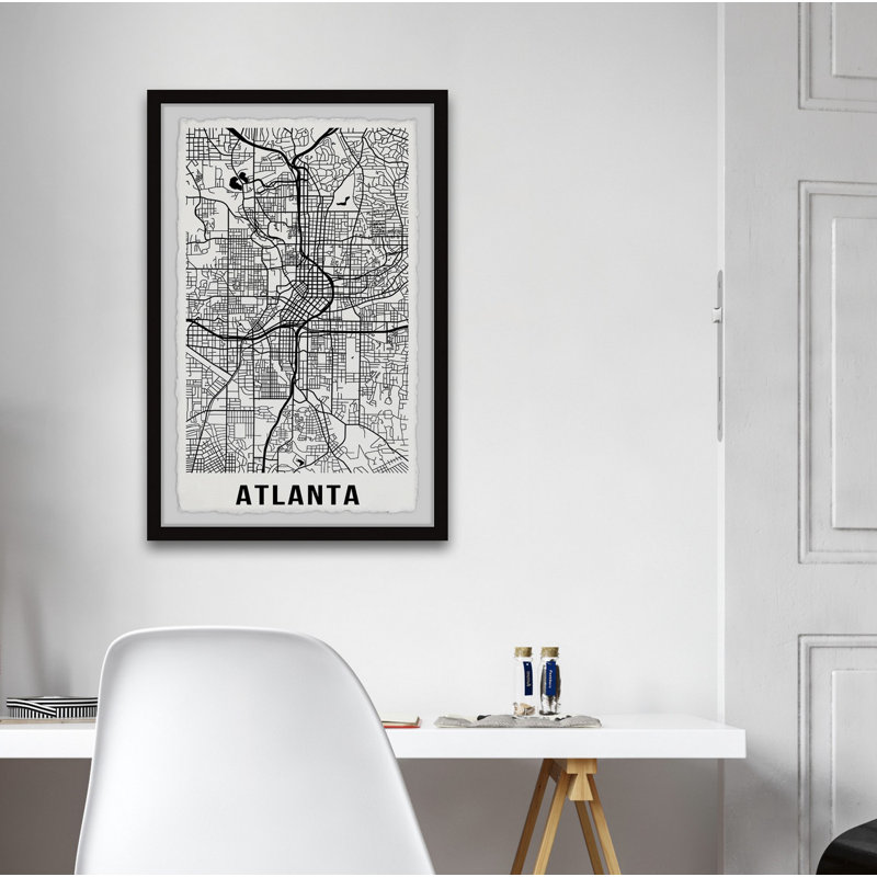 Carte détaillée de la rue d'Atlanta - Reproduction d'art textuel sur papier encadré, H 18 po x l 12 po x P 1,5 po