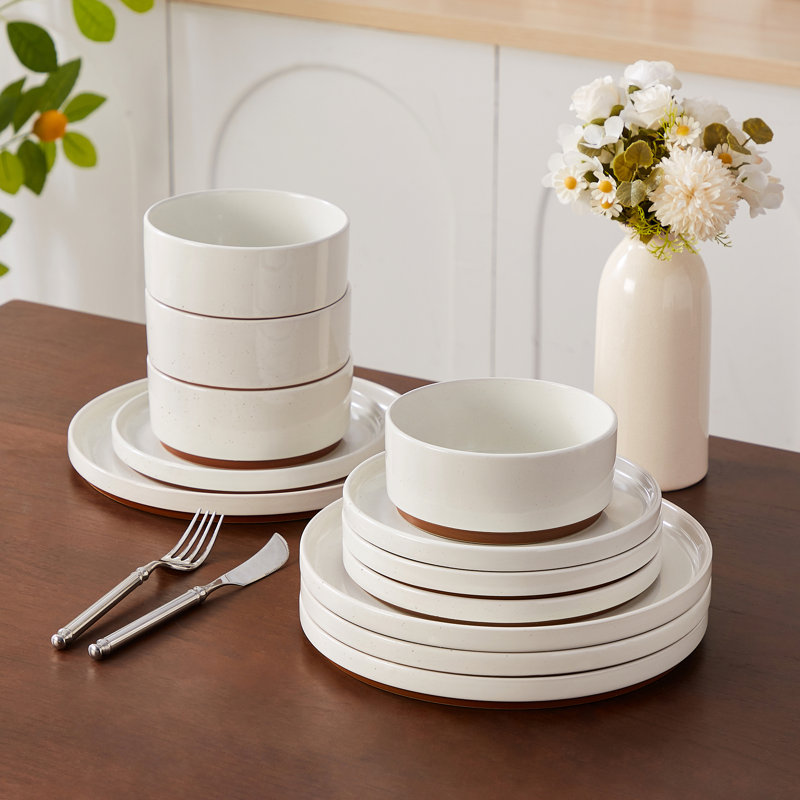 Piece Stoneware Dinnerware Set - Service for 4, Brown/White