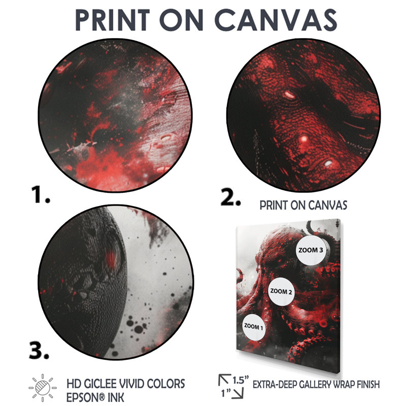 «Red Grey Kraken Mythical Creature III - Décoration murale créatures mythiques, H 20 po x l 12 po x P 1 po