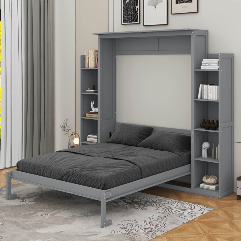 Grand lit escamotable avec tablettes et DEL, Gris