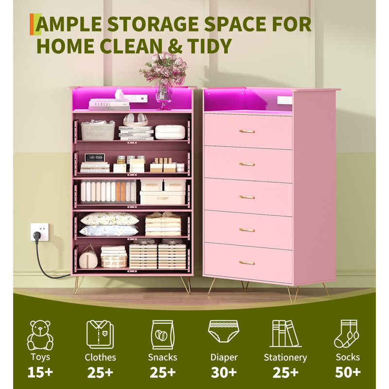 5-Drawer Dresser with RGB Lights & Charging Station, App Controlled LED Dresser for Bedroom, Pink