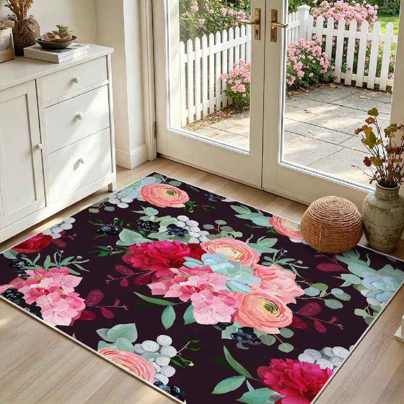 Tapis d'intérieur transparent, lavable à la machine, motif bouquets de pivoines hivernales., Rectangle 55 po x 79 po