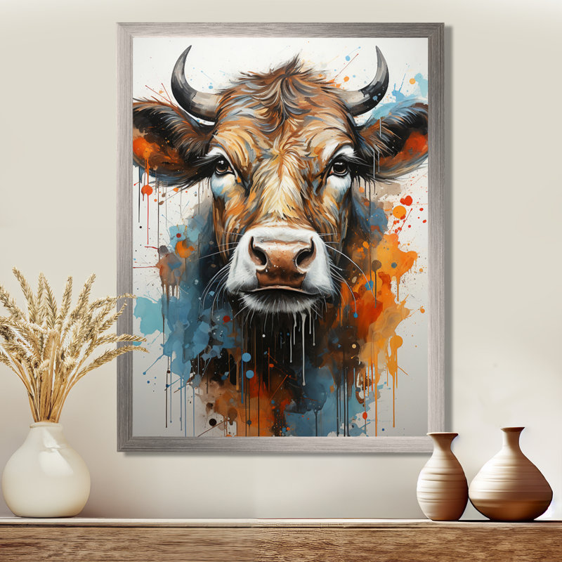 Popart Urban Cow - vache, art mural, Cadre simple argenté, H 32 po x l 16 po x P 1 po
