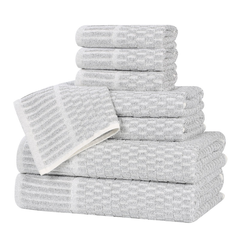 Ensemble de serviettes à bordure à carreaux en mélange de coton et viscose Juno, Platine, Ensemble de serviettes 8 pièces