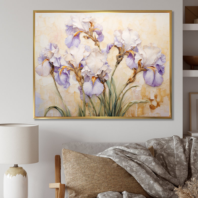 Beige minimalisme iris pétales radieux III, Cadre flottant doré, H 16 po x l 32 po x P 1 po