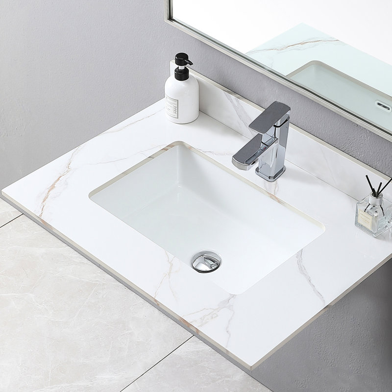 Comptoir de meuble-lavabo de 31 po en pierre frittée dorée avec évier encastré en céramique et dosseret pour pierre à la mode 31 po, puissant