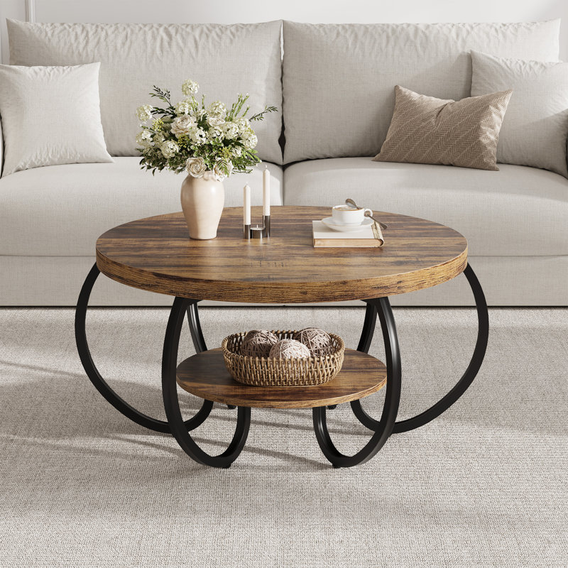 30 Inch Round Farmhouse Coffee Table with Storage Shelf, 2 Tier Rustic Wood Center Table with Curved Metal Legs, Compact Living Room Furniture for Small Spaces Apartments Office, Brown