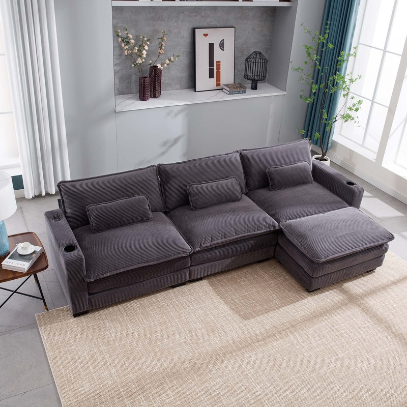 Canapé confortable à trois places avec port USB et porte-gobelets, idéal pour la détente, Velours côtelé gris