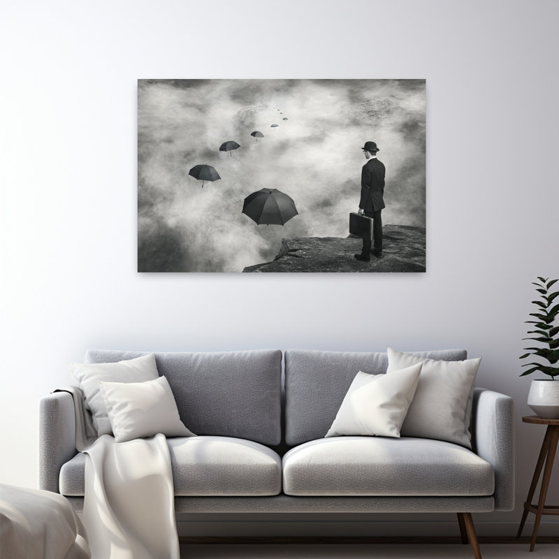 Homme et parapluies flottants, H 32 po x l 48 po