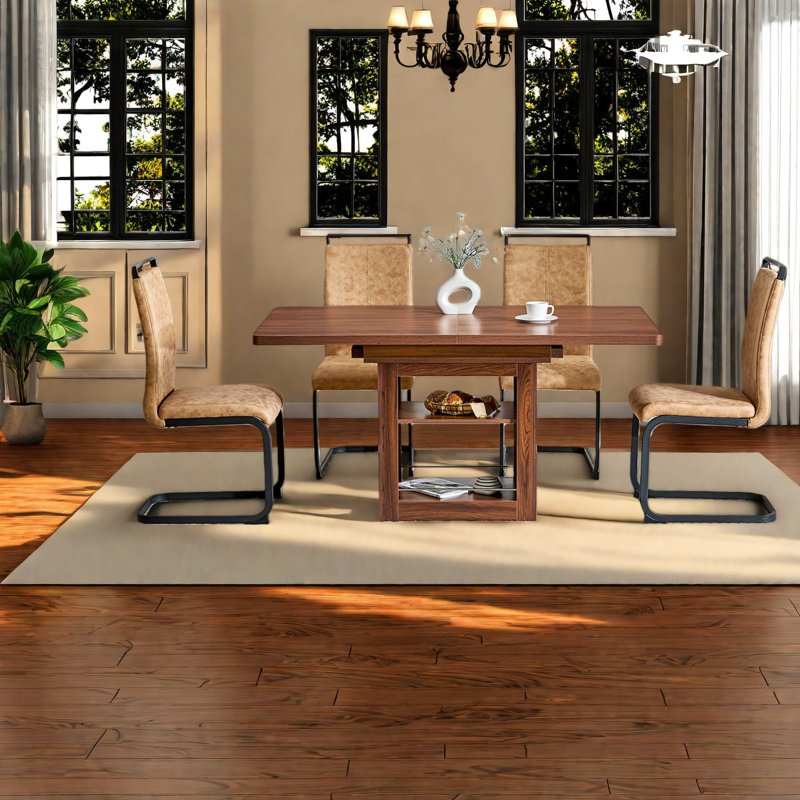 Ensemble de table de salle à manger spacieux et extensible, en bois aggloméré noyer et en métal, de style moderne pour la salle à manger et la cuisine