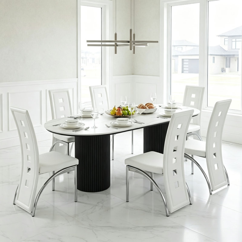 Modern Faux Leather Upholstered Dining Chair with Curved Metal Legs & Cut-out Back (Set of 2), Silver, White, 2