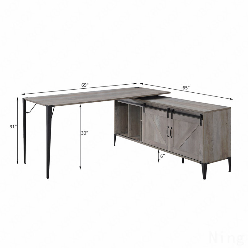 Bureau d'écriture en L, chêne gris et noir avec armoire, Gris