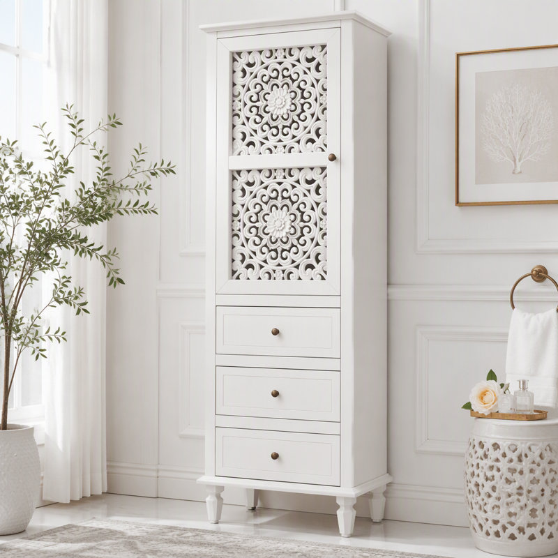 Armoire de rangement de style campagnard de 63 pouces avec porte sculptée, Blanc