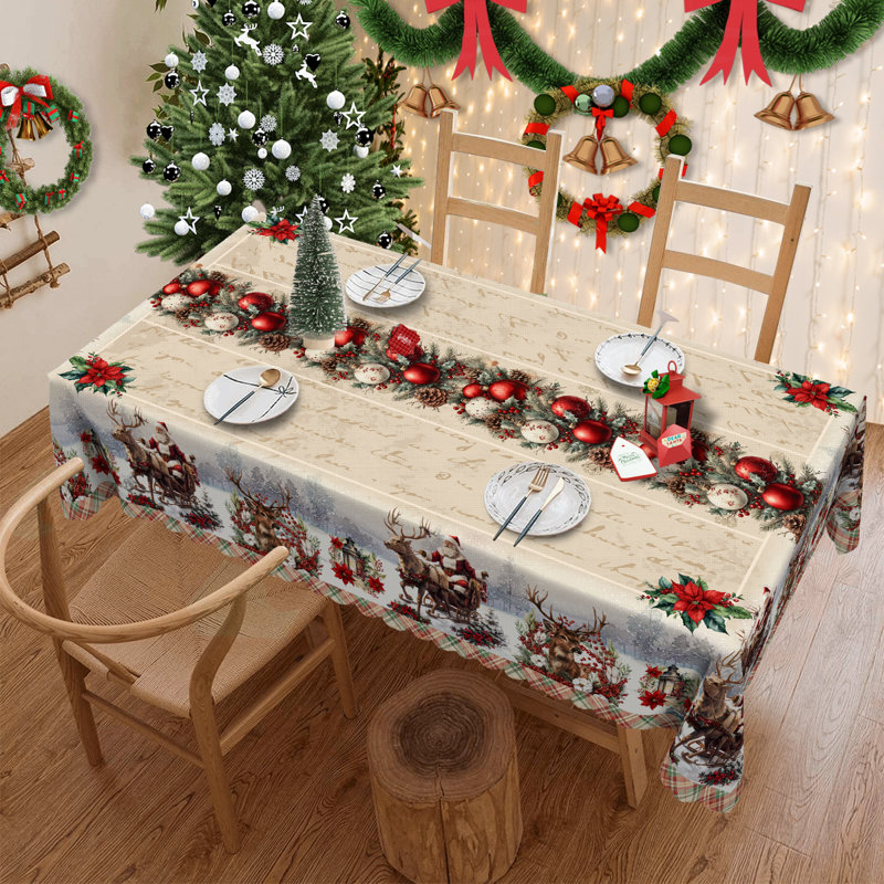 1pc round/rectangular polyester tablecloth, Christmas tablecloth with pine, snowman, truck, embosed edge, Christmas decorations for dining table, festival party holiday table decoration, perfect festival gift