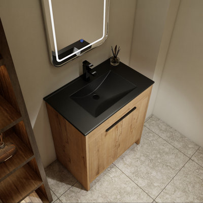 Ceramic Sink Vanity with Soft-Close Doors and Oak Finish