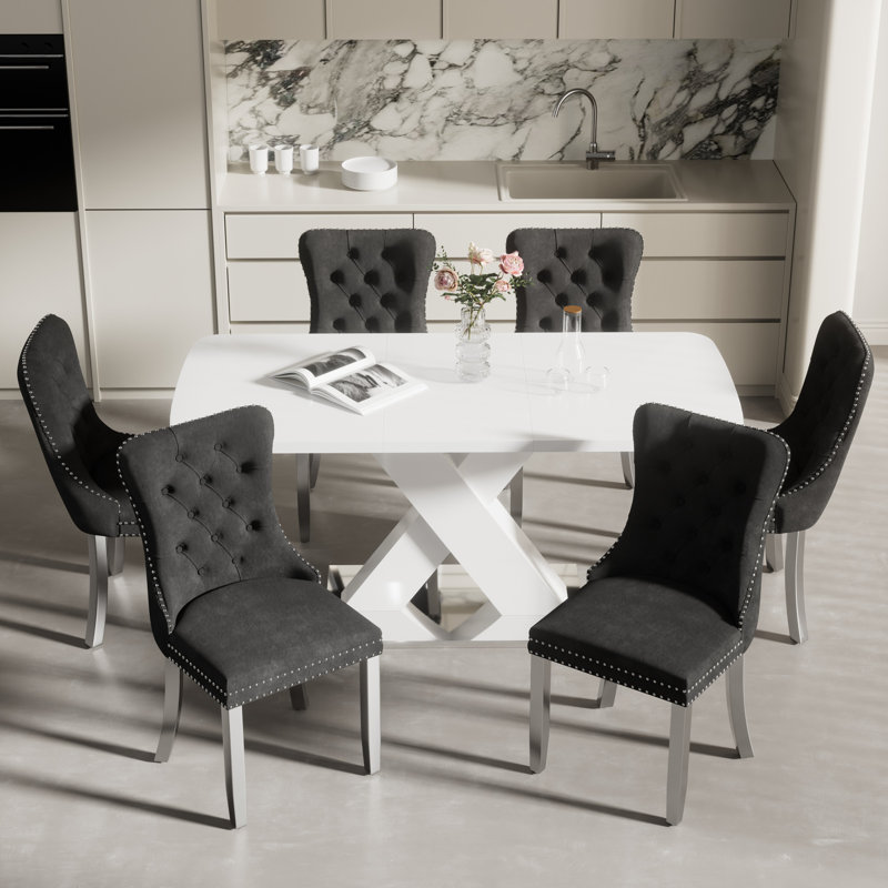 47.24''-63'' Extendable Dining Room Table Set, Black, 7, Matte White