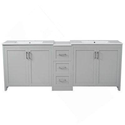Meuble-lavabo double 84 po, 2 lavabos en céramique et comptoir en quartz 84 po, avec tablettes réglables et 3 tiroirs, grand espace de rangement, poignées en métal argenté et charnières à fermeture en douceur, gris