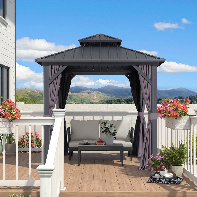 Pavillon de jardin d'extérieur en aluminium mauve avec toit double en acier galvanisé robuste pour terrasse de patio, filet et rideaux inclus, gris