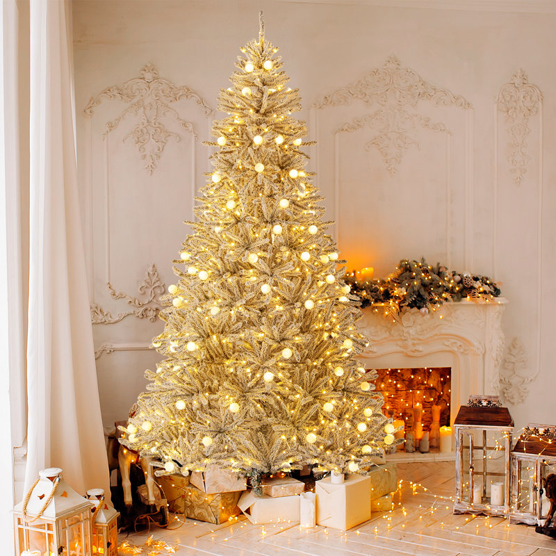  Arbre de Noël artificiel enneigé 8 pi avec 81 lumières sphériques et 8 lumières DEL 8 pi, H 8 pi