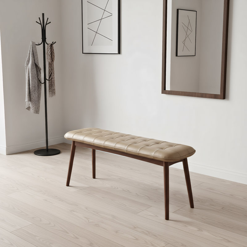 Natural Oak Wood for Dining Bench Table Bench for Living Room With Leather Cushion, Khaki