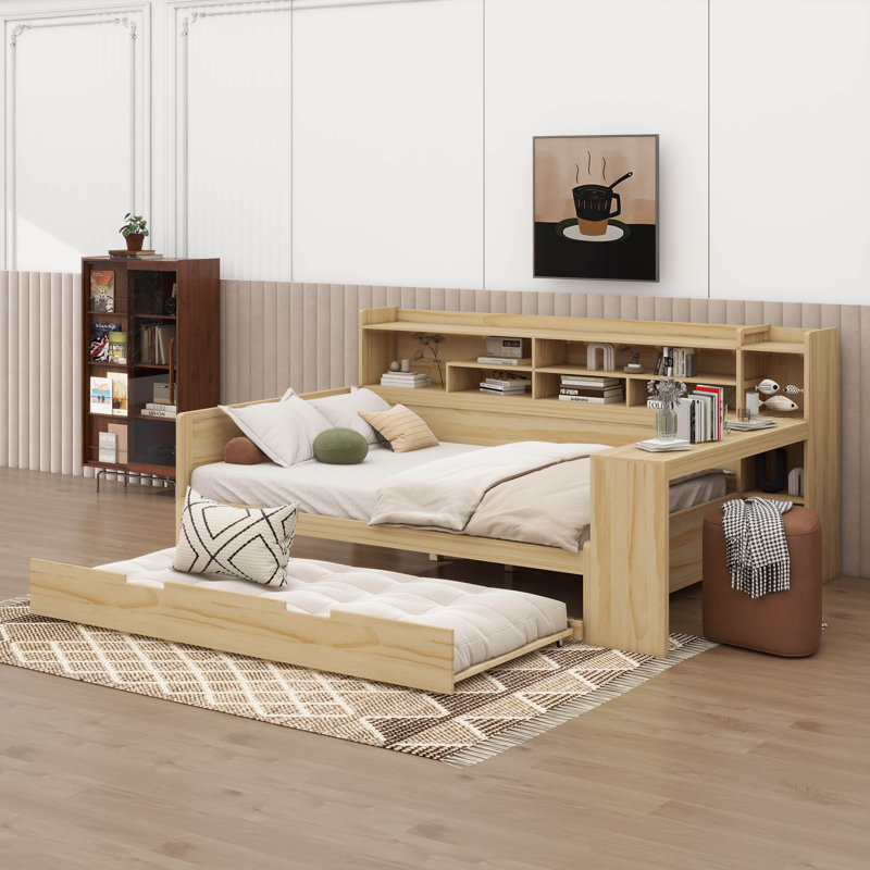 Daybed With Trundle Side Bookcase And Desk Pine Wood Captains Bed With Storage Headboard, Natural, Full/Double