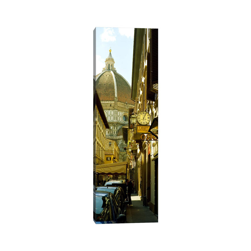 Cars Parked In A Street With A Cathedral In The Background, Via Dei Servi, Duomo Santa Maria Del Fiore, Florence, Tuscany, Italy - Wrapped Canvas Panoramic Print