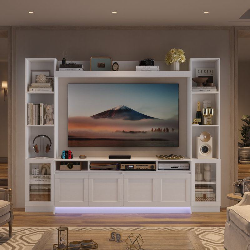 79'' W Entertainment Center For Tvs Up To 60", Wall Unit TV Stand With Bookshelves and Led Light, White, White