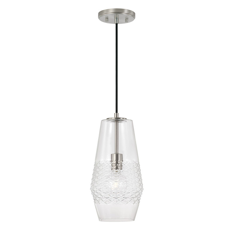 Luminaire suspendu 1 lumière Burnaby Altie avec verre embossé diamant et cordon tressé noir, Nickel brossé