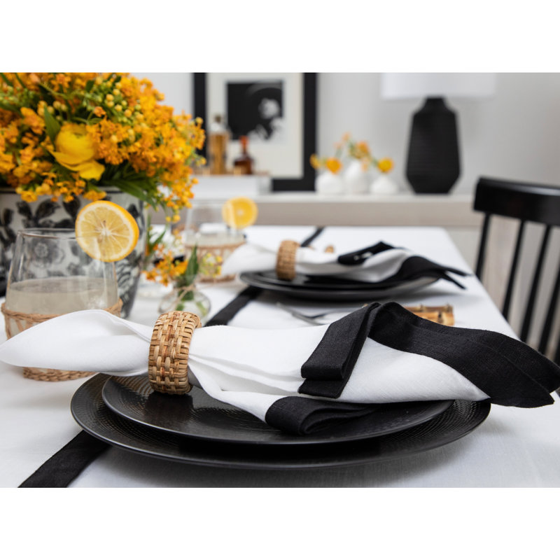 Classic - 100% Pure Linen Dinner Napkins, Black/White