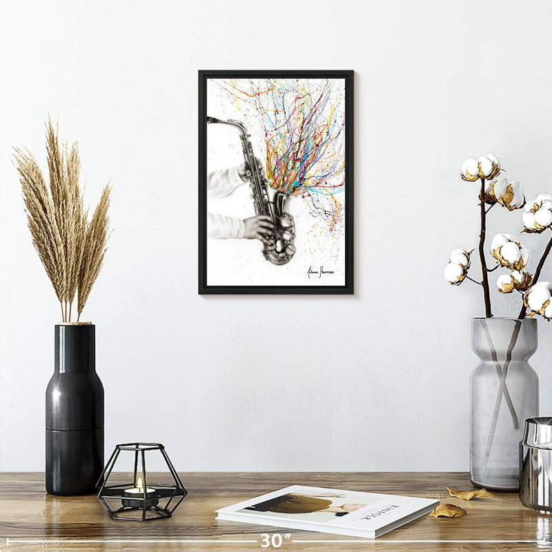 Le saxophone jazz, 9 po x 13 po, Cadre flottant noir