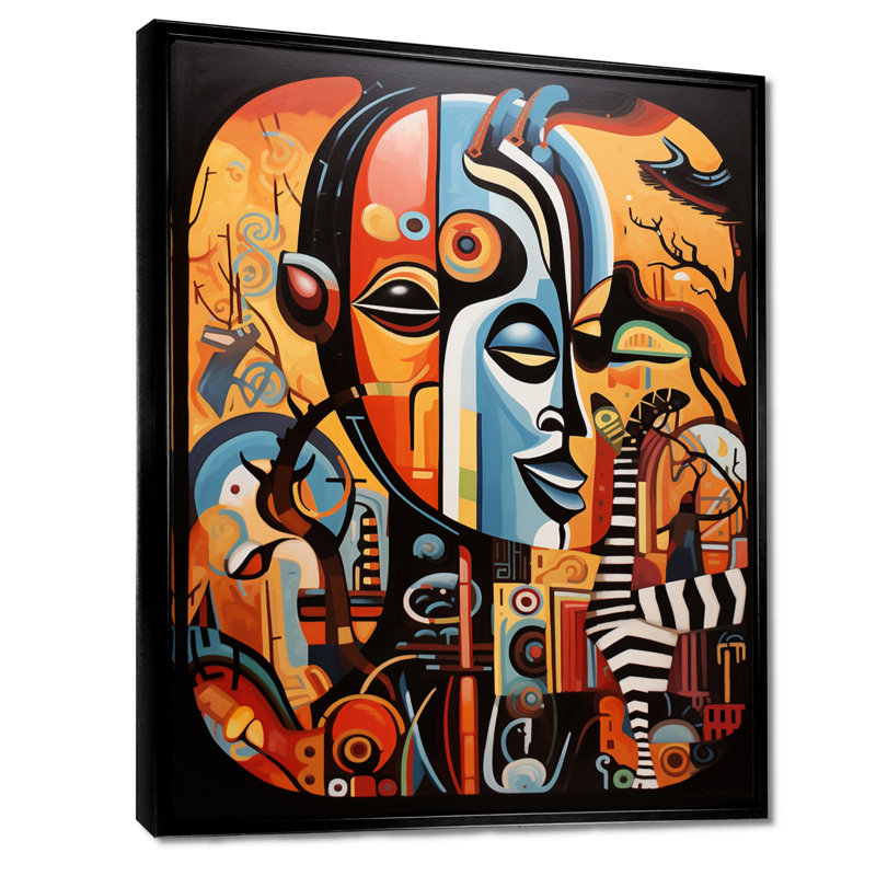 Contemporary African Mask Collage - Abstract Collages Wall Art, 44" H x 34" W, Black Floater Frame